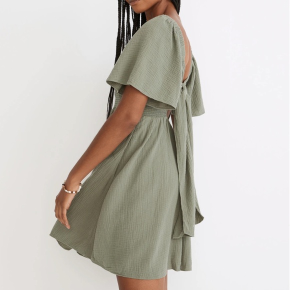 Madewell Lightspun Cotton Lucie Smocked Tie-Back Mini Dress Grove Size XXS - Picture 2 of 8